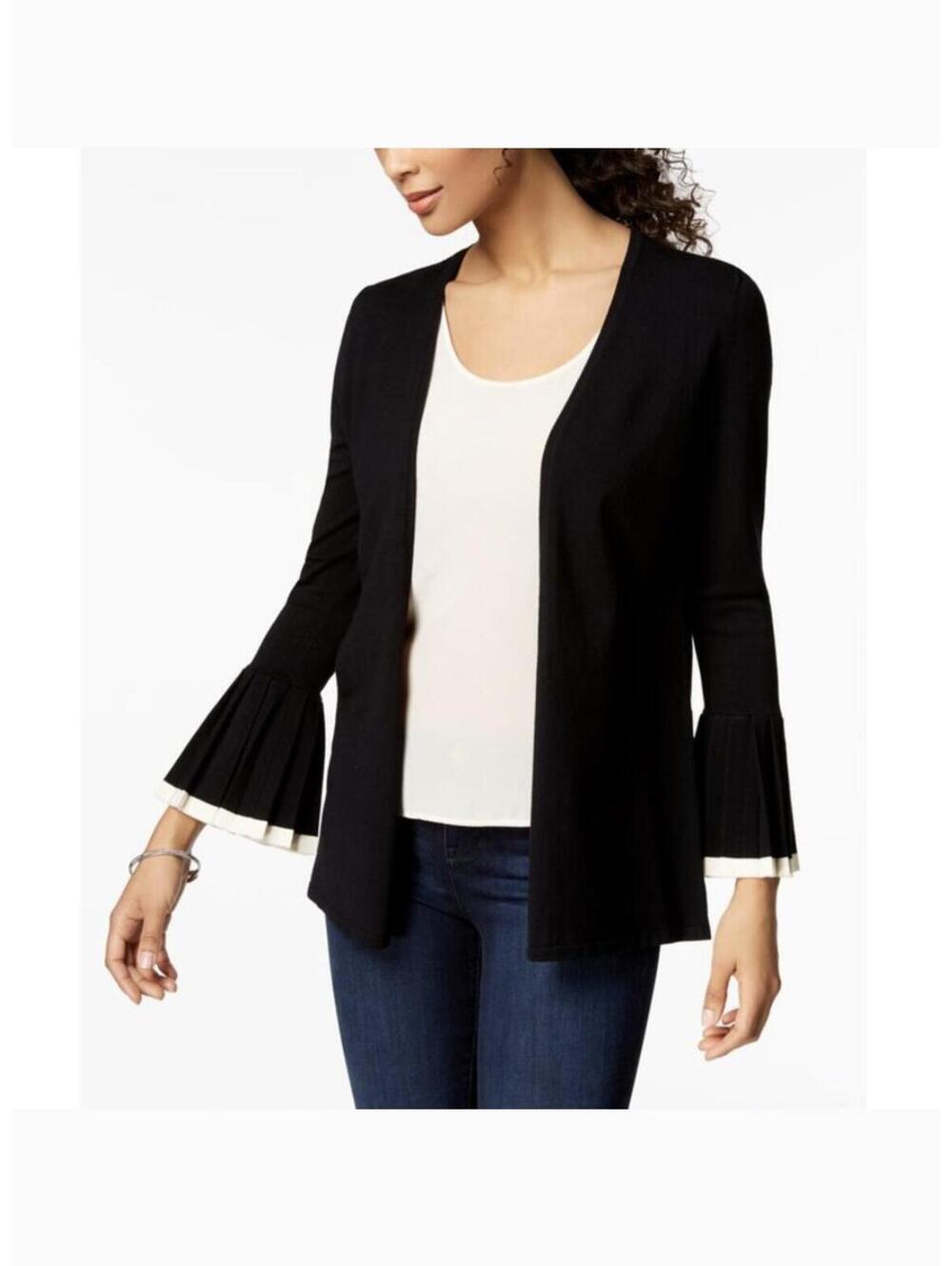 Charter Club Black White Trim Pleated Bell Sleeve Open Front Cardigan XL NWT